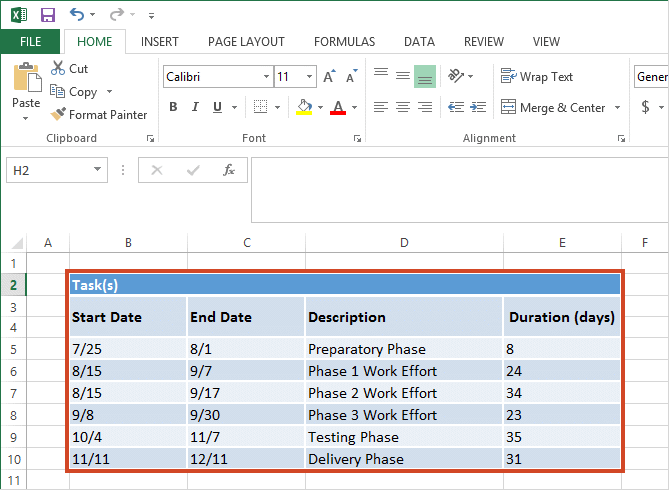 Excel Gantt chart tutorial - Project table in Excel